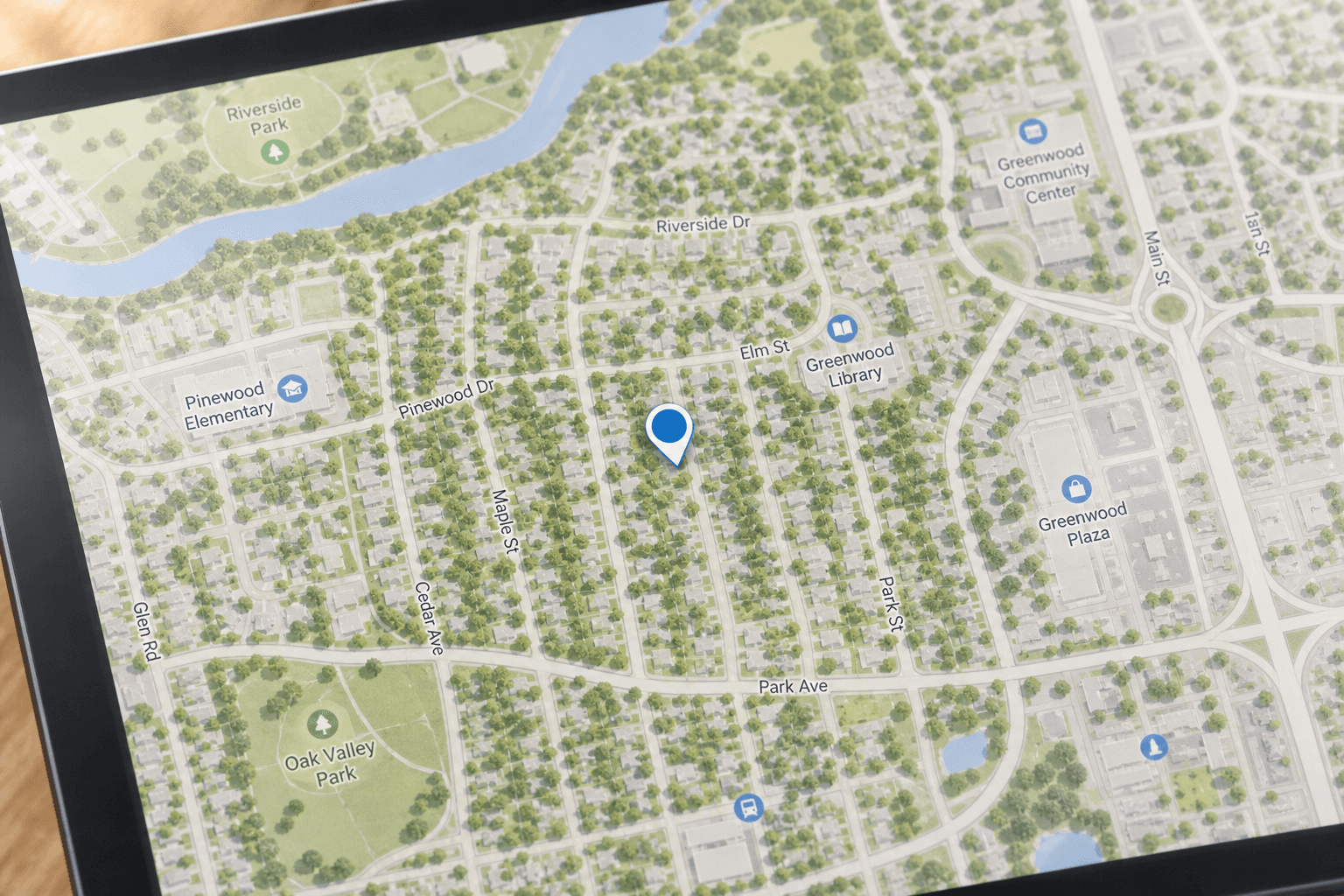 Neighborhood map with a person marker at the center