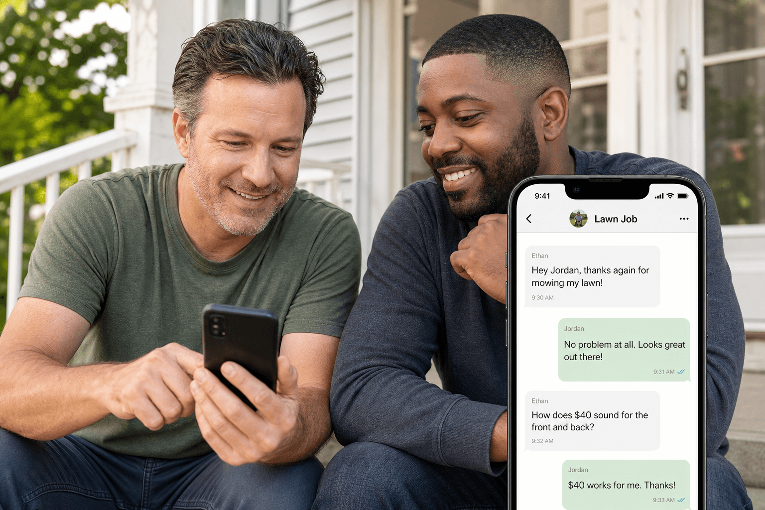 Neighbors reviewing and discussing payment on a phone